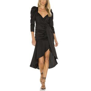 NWT For Love & Lemons Charlie Midi Dress Black Ruched Puff Sleeve Size XS